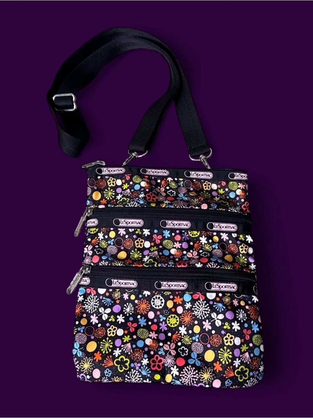 LeSportsac Kasey POPPET Crossbody Bag 3 Zipper Euc